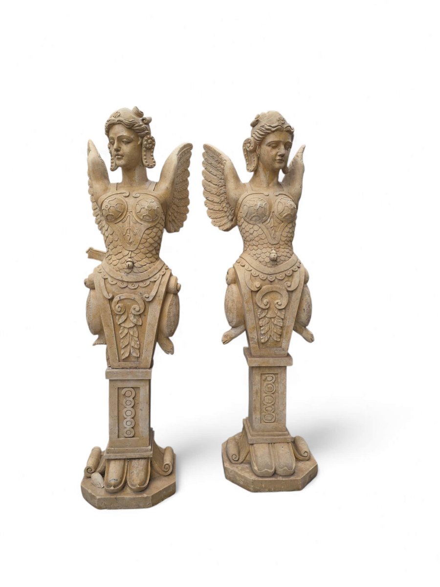 Pair Of Hand-carved Italian Marble Winged Allegorical Figures-photo-3