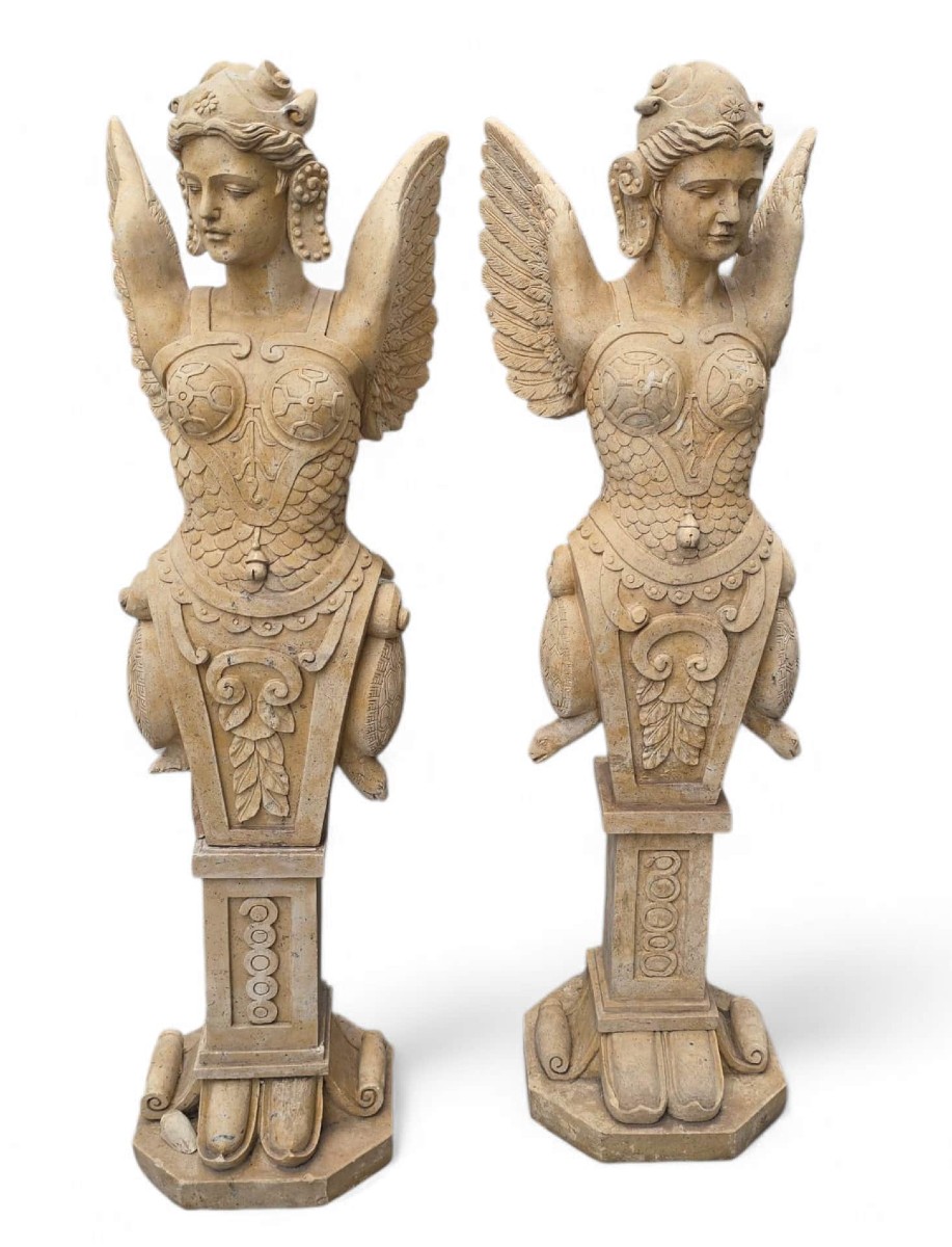 Pair Of Hand-carved Italian Marble Winged Allegorical Figures