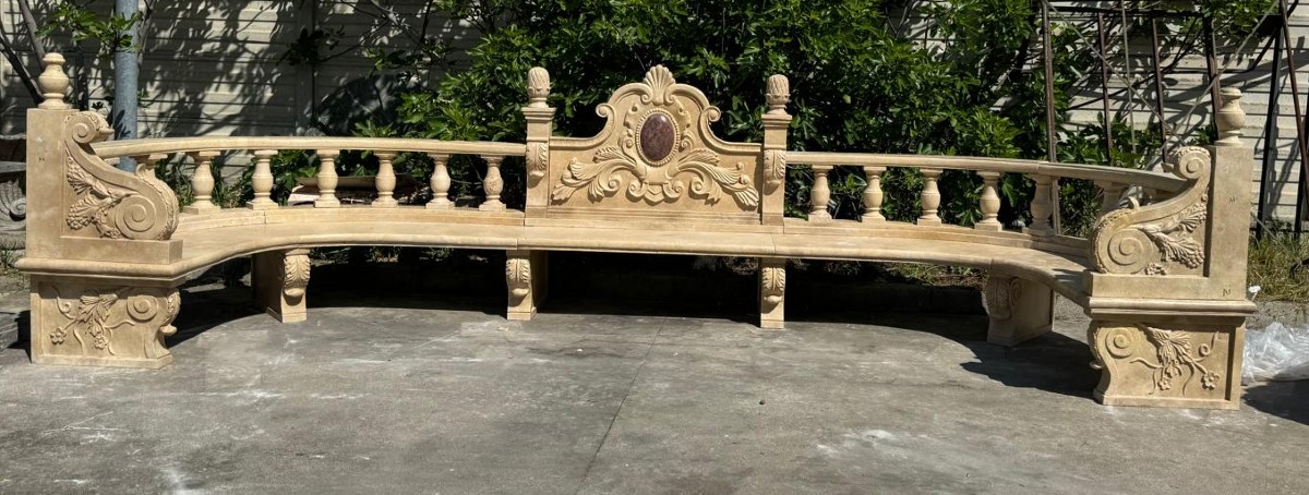 Monumental Garden Bench In Italian Travertine, 5 Meters Long