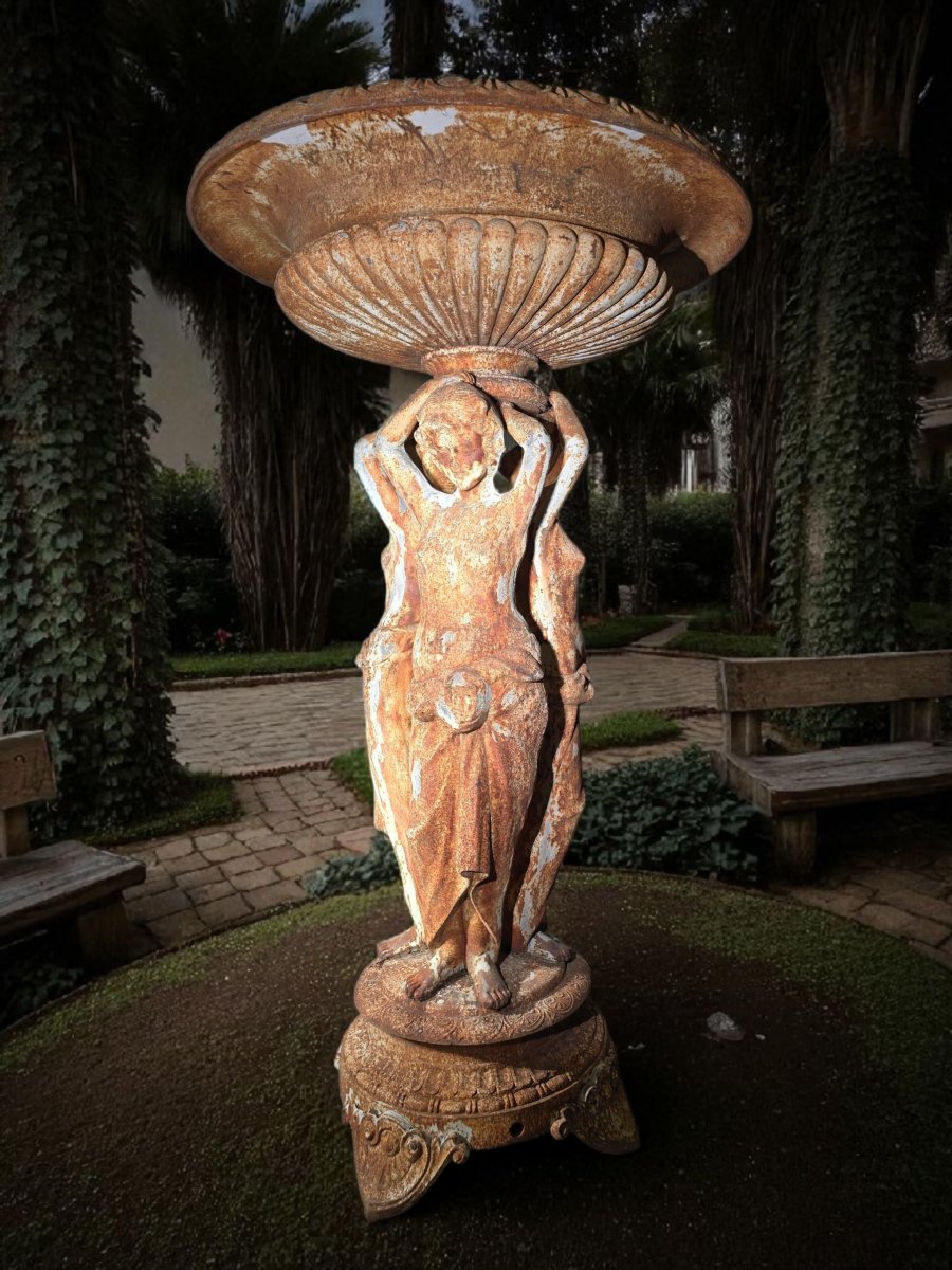 French Cast Iron Garden Fountain Depicting The Three Graces-photo-2