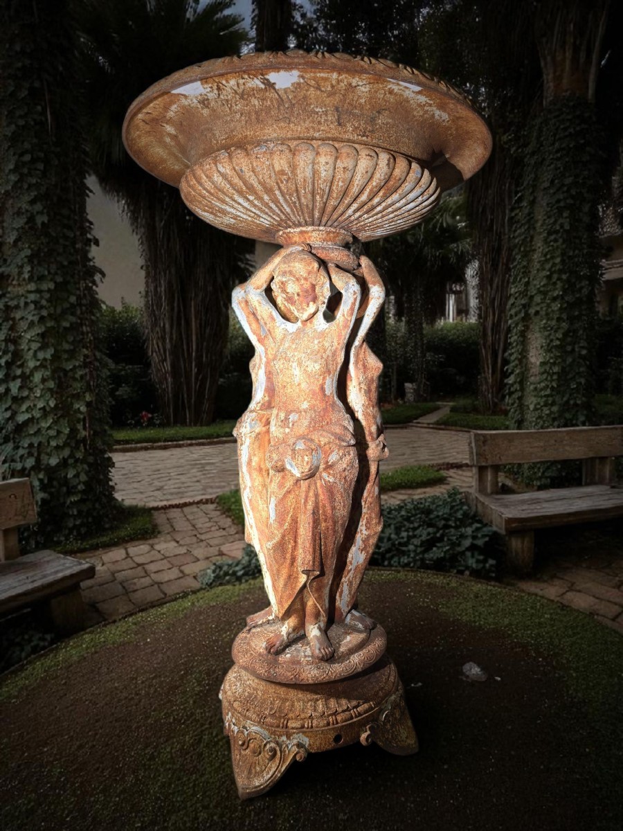 French Cast Iron Garden Fountain Depicting The Three Graces-photo-4