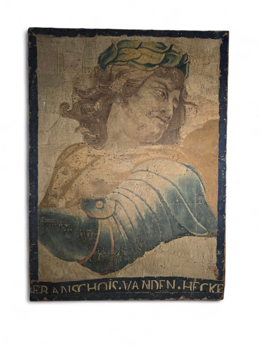 Fragment Of A 17th-century Tapestry Depicting The Bust Of An Emperor — Signed Franchois Va-photo-2