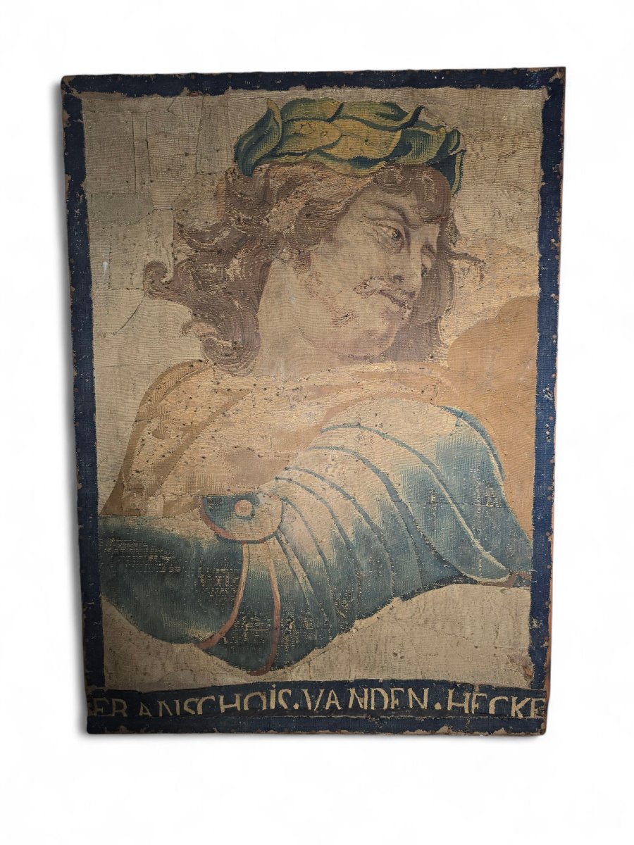 Fragment Of A 17th-century Tapestry Depicting The Bust Of An Emperor — Signed Franchois Va-photo-3