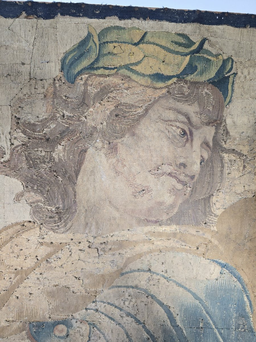 Fragment Of A 17th-century Tapestry Depicting The Bust Of An Emperor — Signed Franchois Va-photo-1