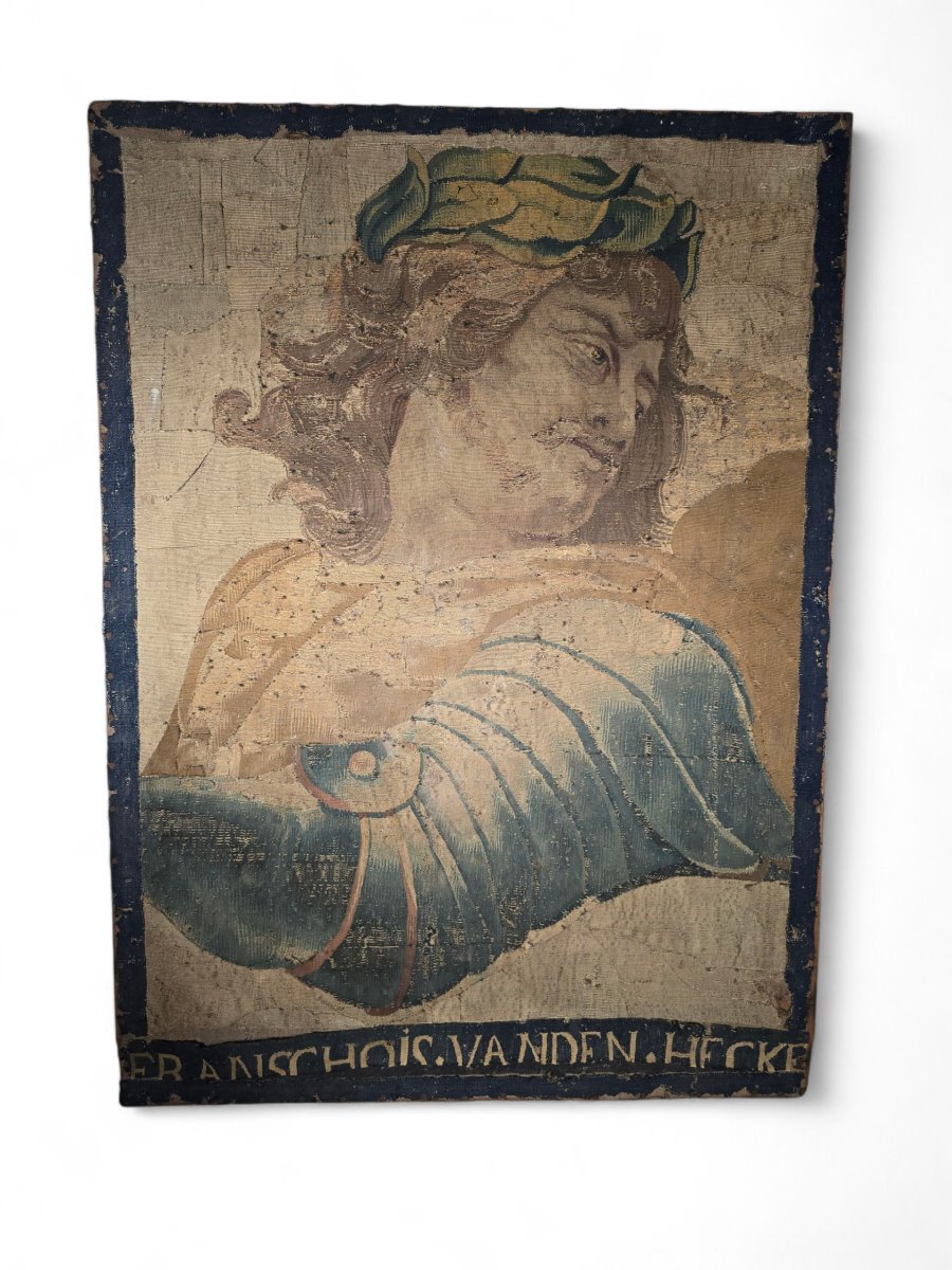 Fragment Of A 17th-century Tapestry Depicting The Bust Of An Emperor — Signed Franchois Va-photo-2