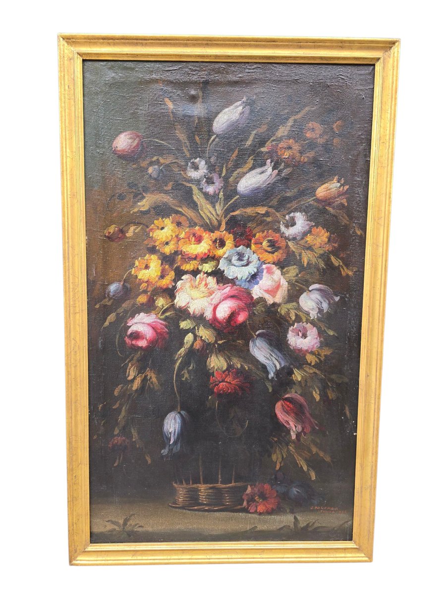 Pair Of Floral Oil Paintings On Canvas, Signed J. Palomar And Dated 1964, Seville.-photo-2