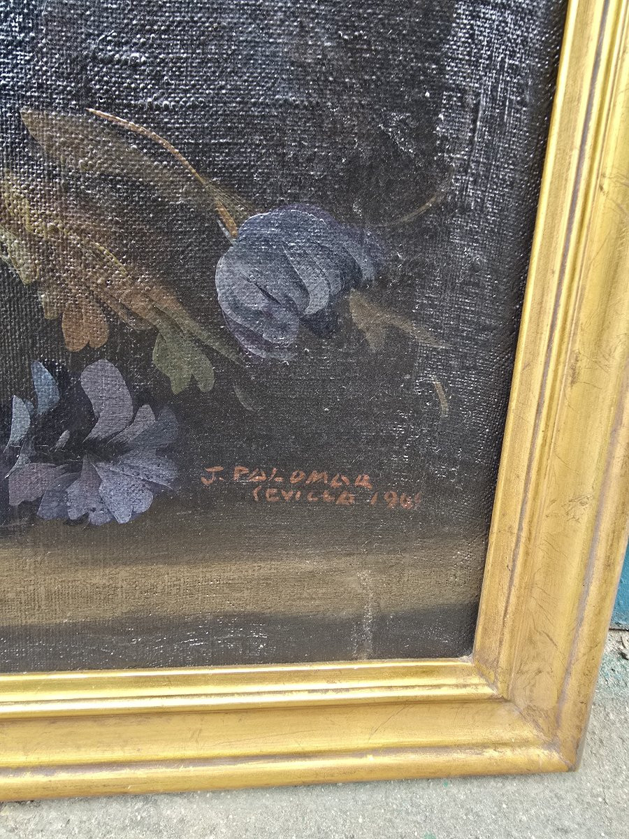 Pair Of Floral Oil Paintings On Canvas, Signed J. Palomar And Dated 1964, Seville.-photo-4