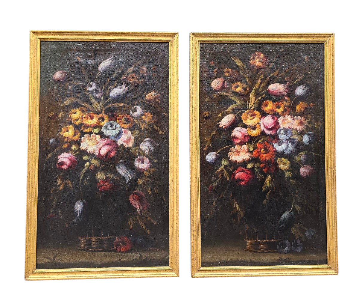 Pair Of Floral Oil Paintings On Canvas, Signed J. Palomar And Dated 1964, Seville.
