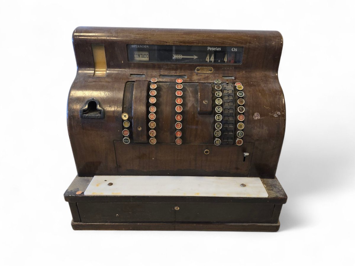 "national" Cash Register In Red-painted Brass, Mid-20th Century-photo-4