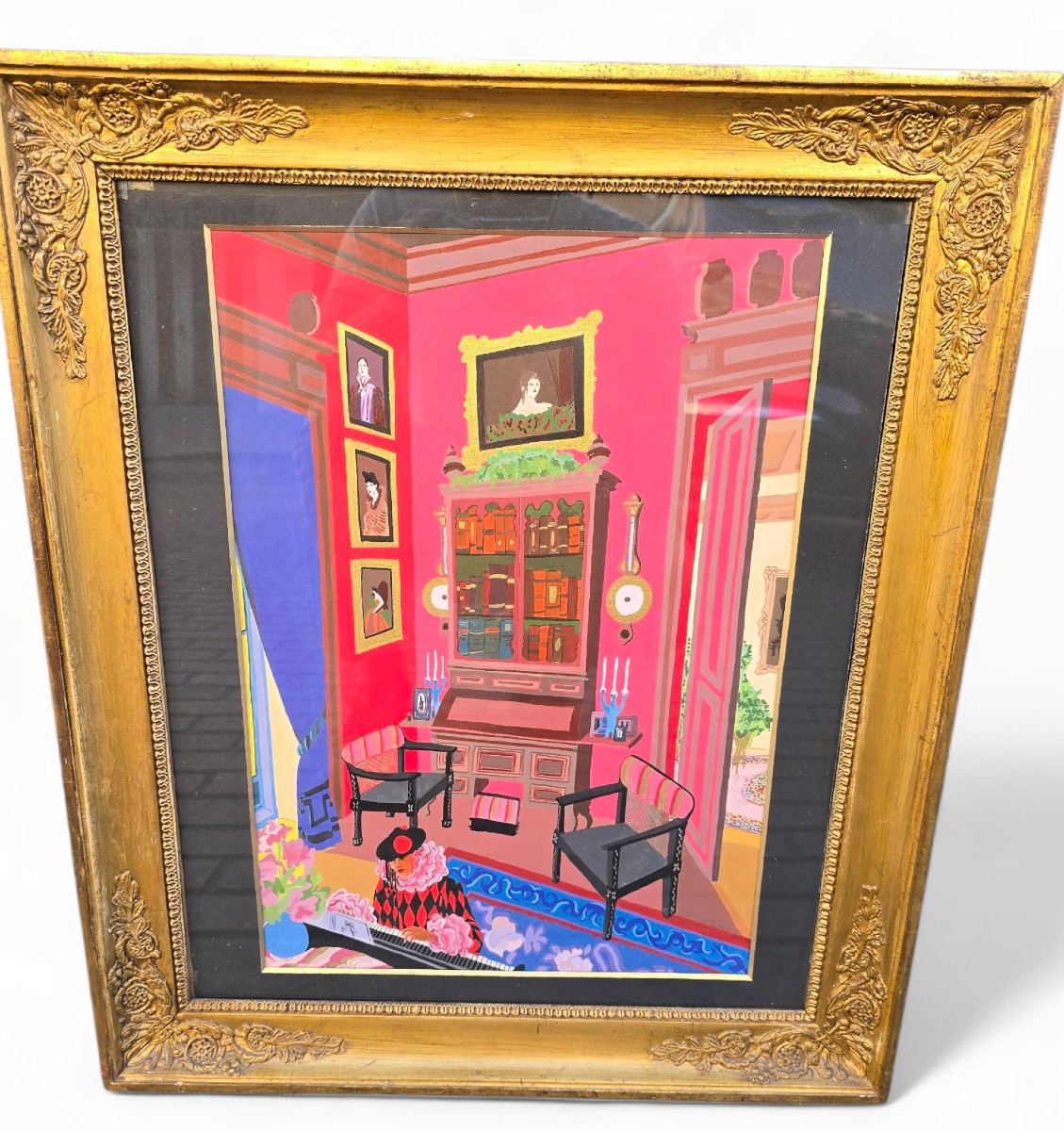 Aquarelle représentant un clown jouant du piano, signée A. Tilman, 1980