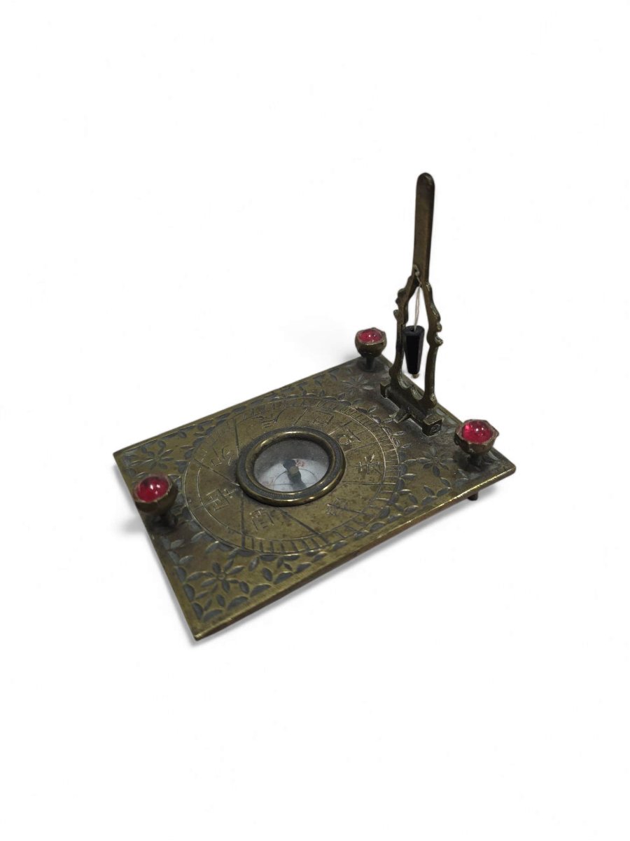 A 19th-century Asian Portable Bronze Sundial Adorned With Semi-precious Stones.-photo-1