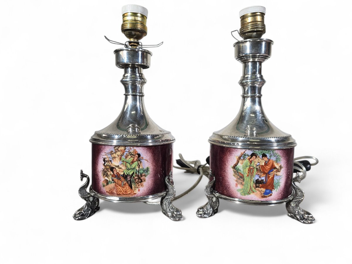 Pair Of Asian Lamps In Solid Silver And Enamel – Early 20th Century-photo-3