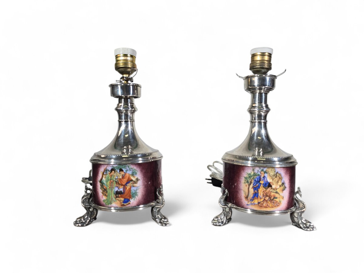Pair Of Asian Lamps In Solid Silver And Enamel – Early 20th Century-photo-4