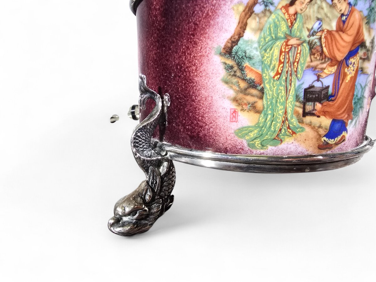 Pair Of Asian Lamps In Solid Silver And Enamel – Early 20th Century-photo-1