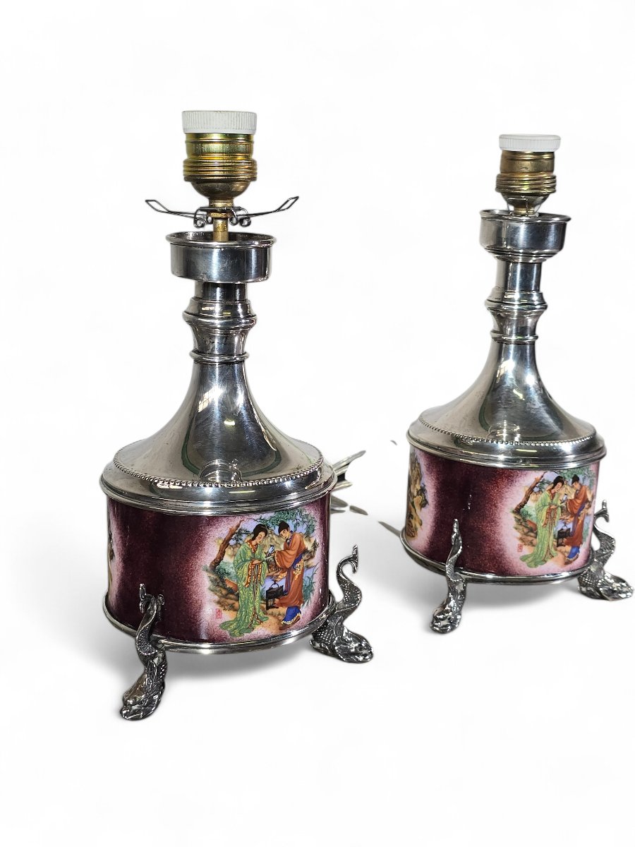 Pair Of Asian Lamps In Solid Silver And Enamel – Early 20th Century-photo-2