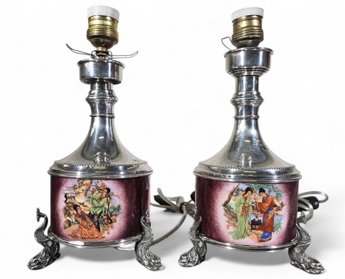 Pair Of Asian Lamps In Solid Silver And Enamel – Early 20th Century