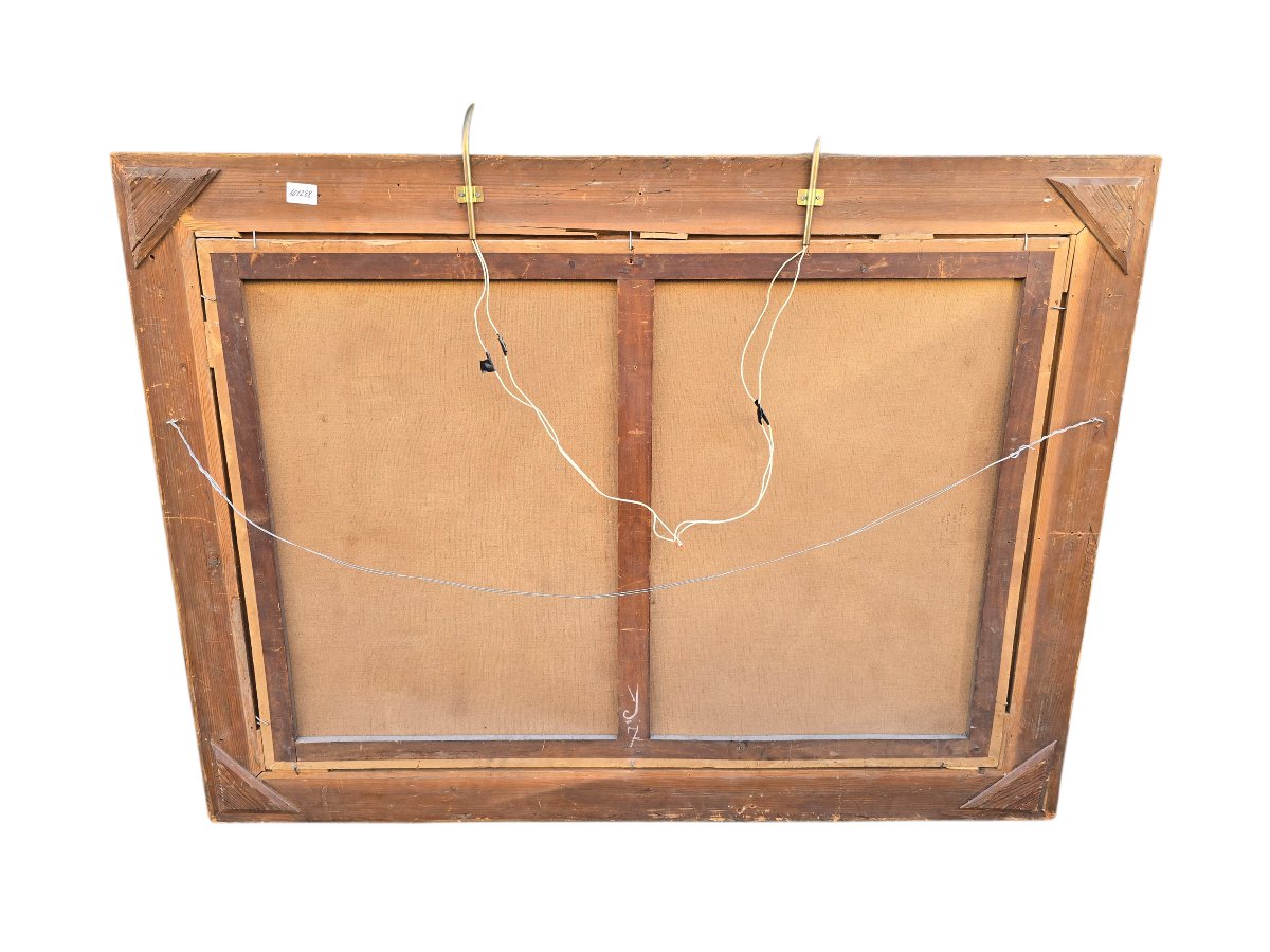 Grande huile sur toile hollandaise représentant un paysage de rivière gelée, vers 1900-photo-1