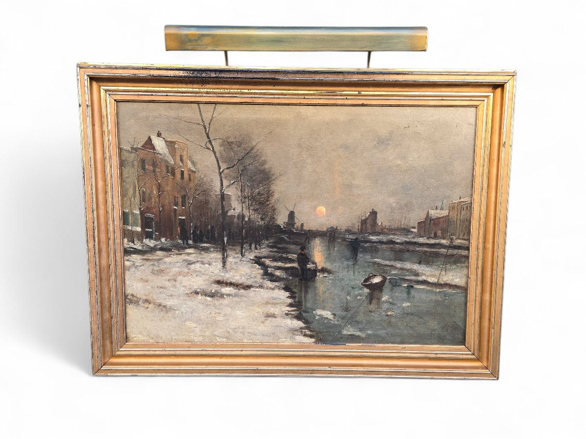 Grande huile sur toile hollandaise représentant un paysage de rivière gelée, vers 1900-photo-4