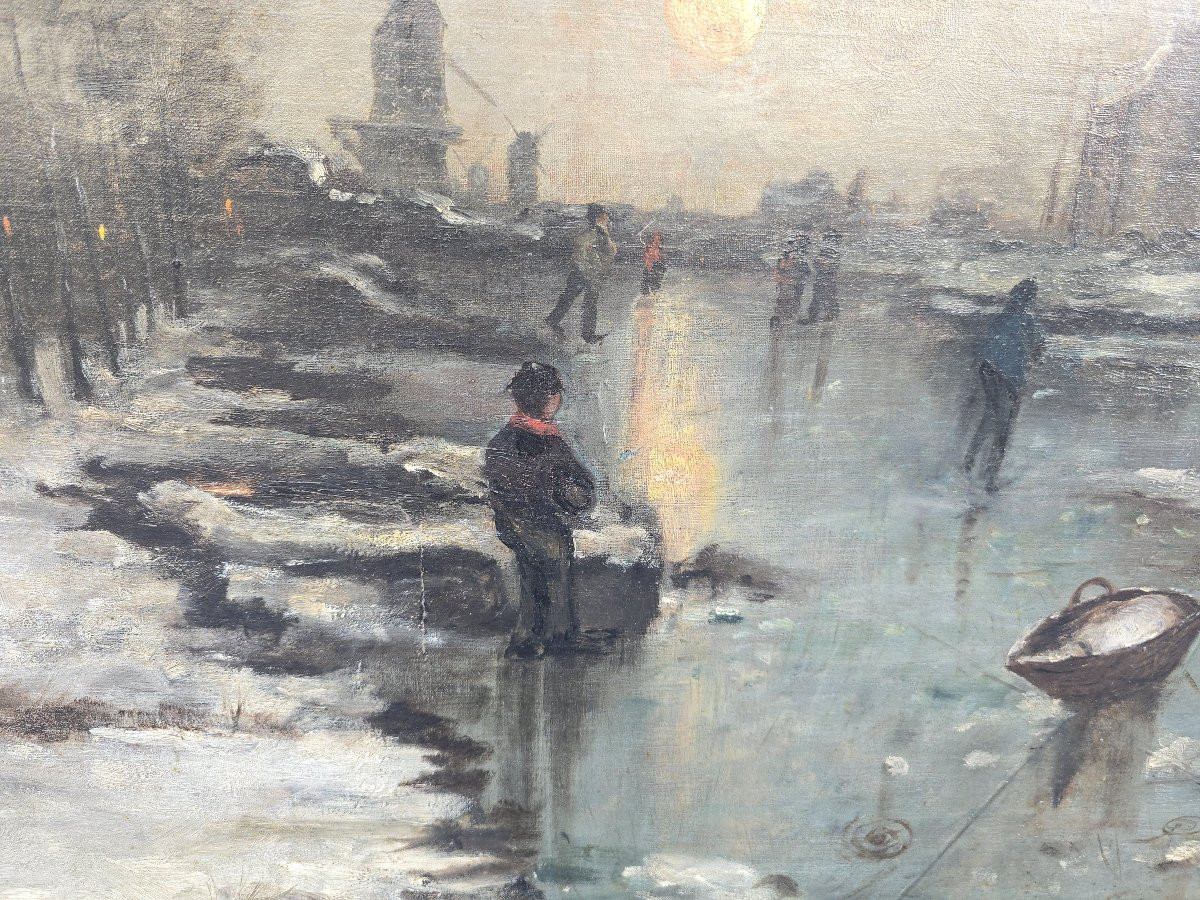 Grande huile sur toile hollandaise représentant un paysage de rivière gelée, vers 1900-photo-6