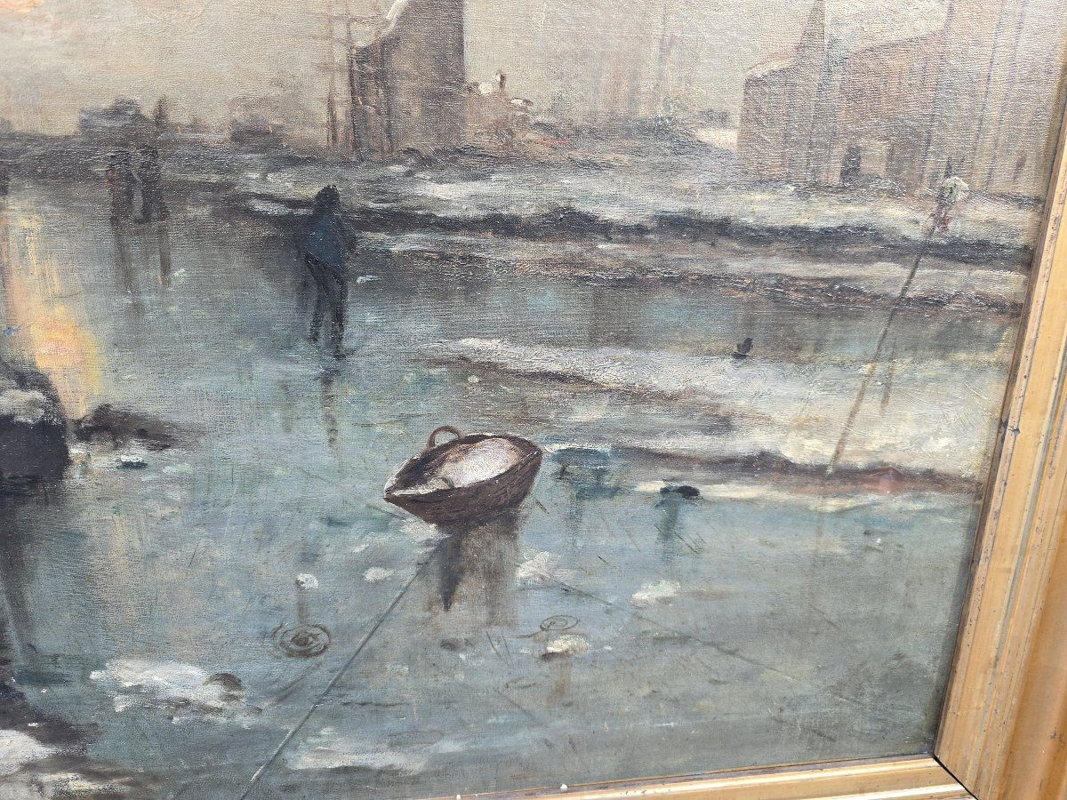 Grande huile sur toile hollandaise représentant un paysage de rivière gelée, vers 1900-photo-7