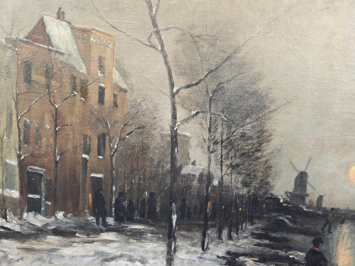 Grande huile sur toile hollandaise représentant un paysage de rivière gelée, vers 1900-photo-8