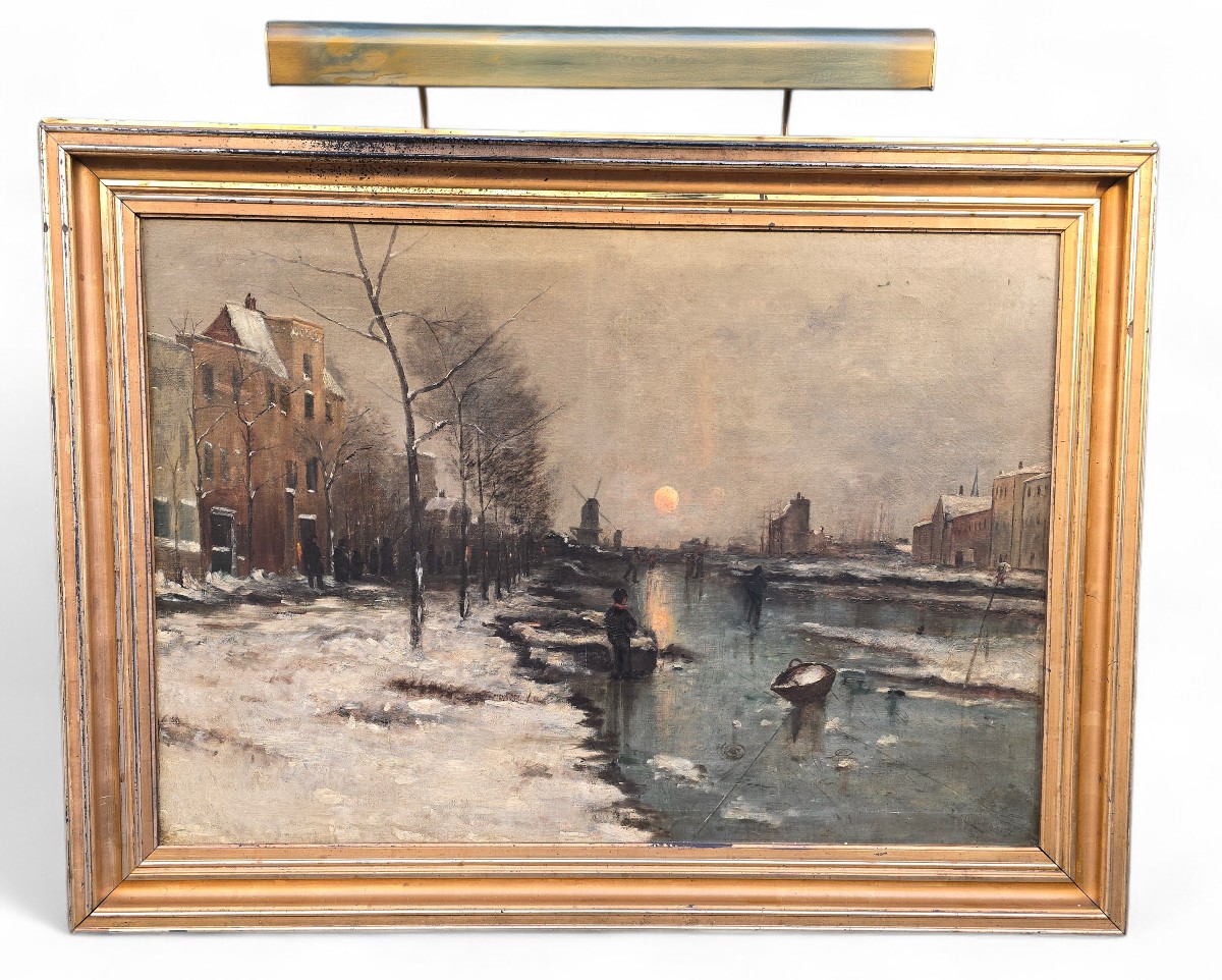 Grande huile sur toile hollandaise représentant un paysage de rivière gelée, vers 1900