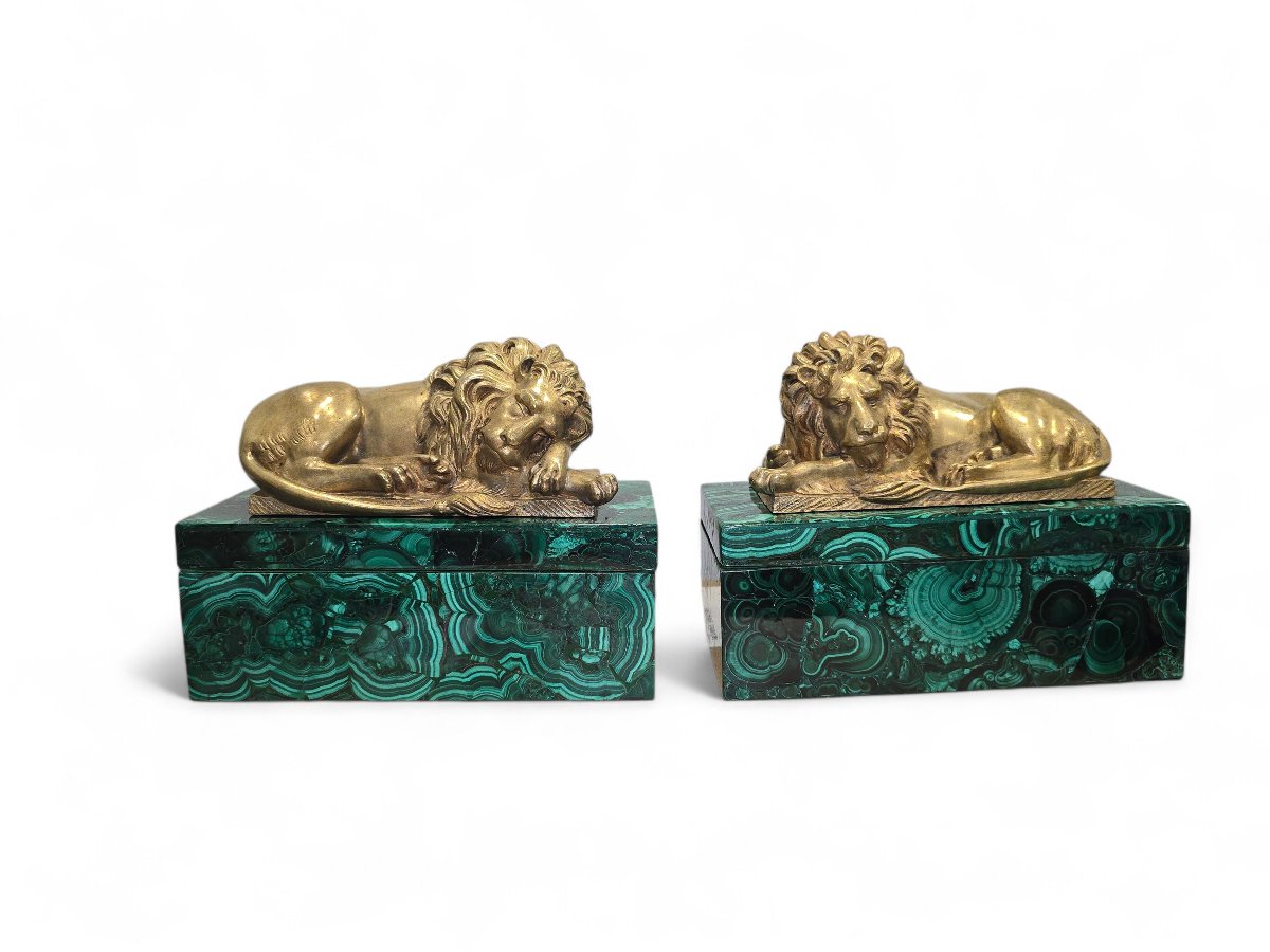 Paire de boîtes en malachite du XIXe siècle, ornées de lions en bronze doré-photo-2
