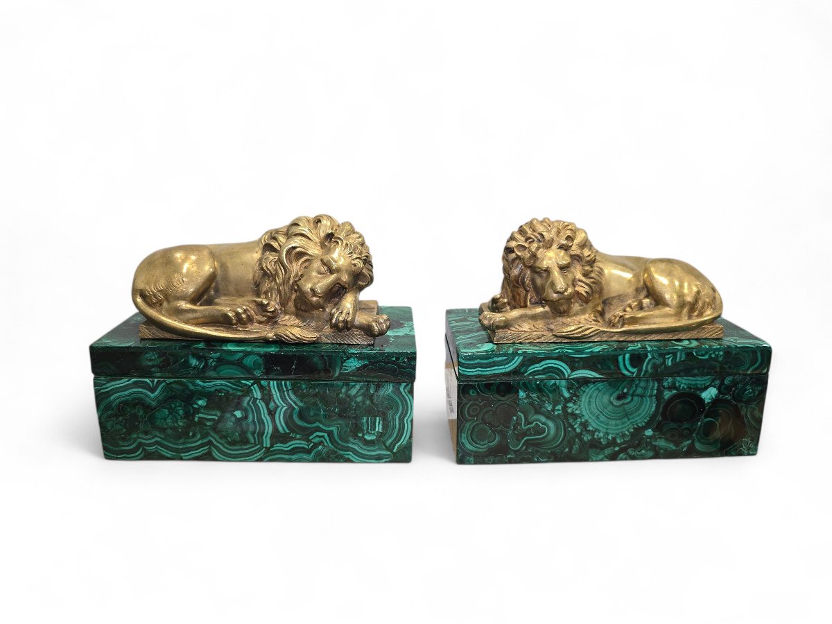 Paire de boîtes en malachite du XIXe siècle, ornées de lions en bronze doré-photo-4