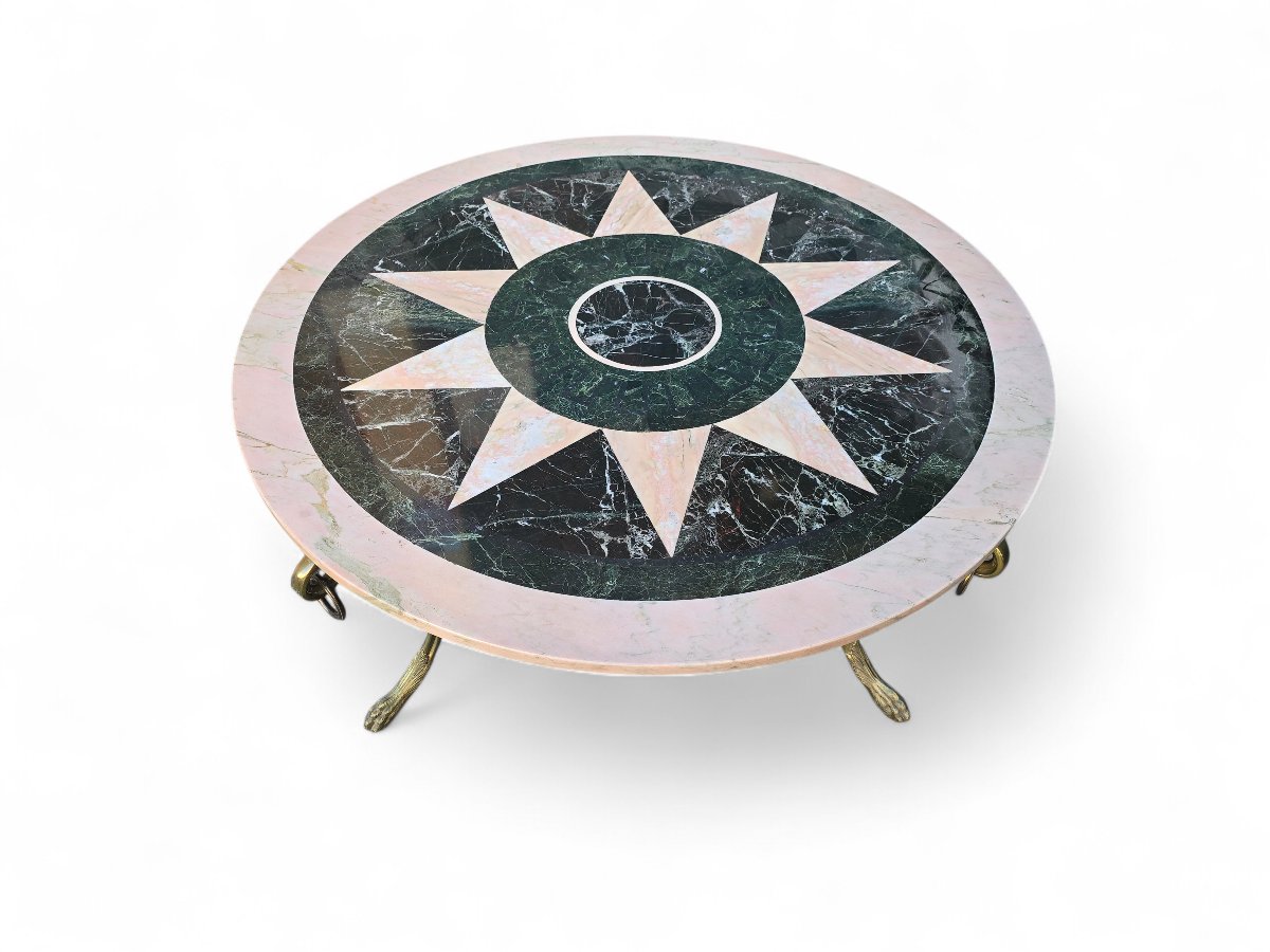 Table basse italienne vintage années 1950, incrustation de marbre et piètement en bronze doré-photo-3