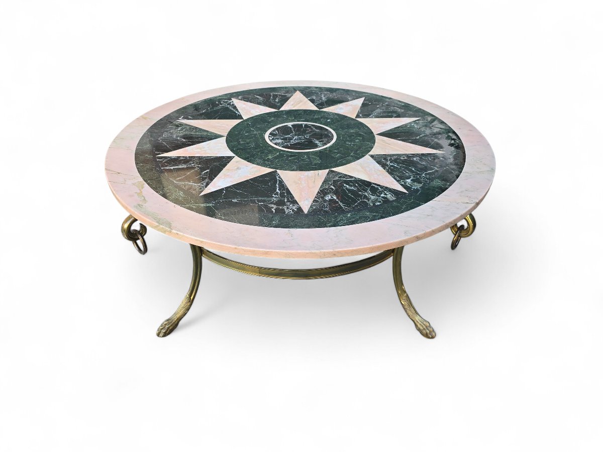 Table basse italienne vintage années 1950, incrustation de marbre et piètement en bronze doré-photo-4