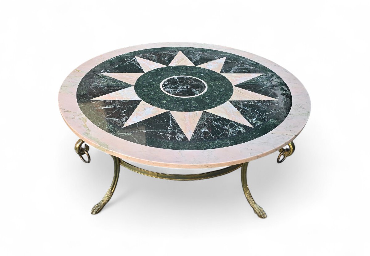 Table basse italienne vintage années 1950, incrustation de marbre et piètement en bronze doré-photo-2