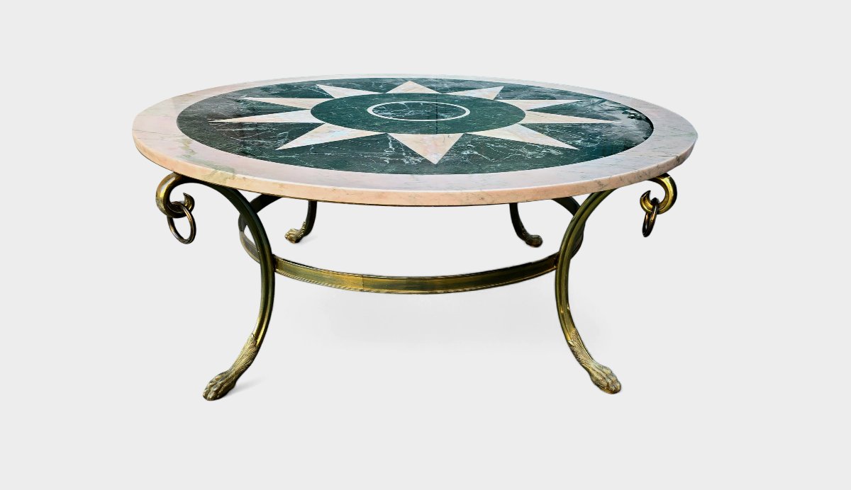 Table basse italienne vintage années 1950, incrustation de marbre et piètement en bronze doré-photo-3