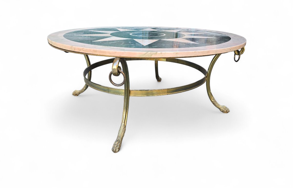 Table basse italienne vintage années 1950, incrustation de marbre et piètement en bronze doré-photo-4