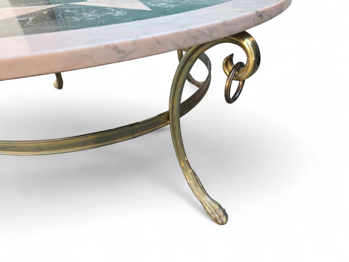 Table basse italienne vintage années 1950, incrustation de marbre et piètement en bronze doré-photo-6