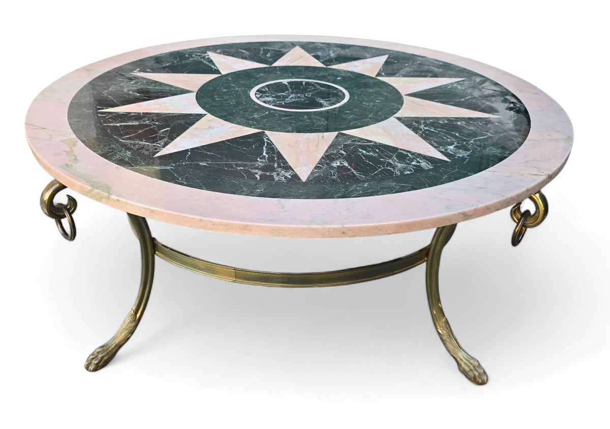 Table basse italienne vintage années 1950, incrustation de marbre et piètement en bronze doré