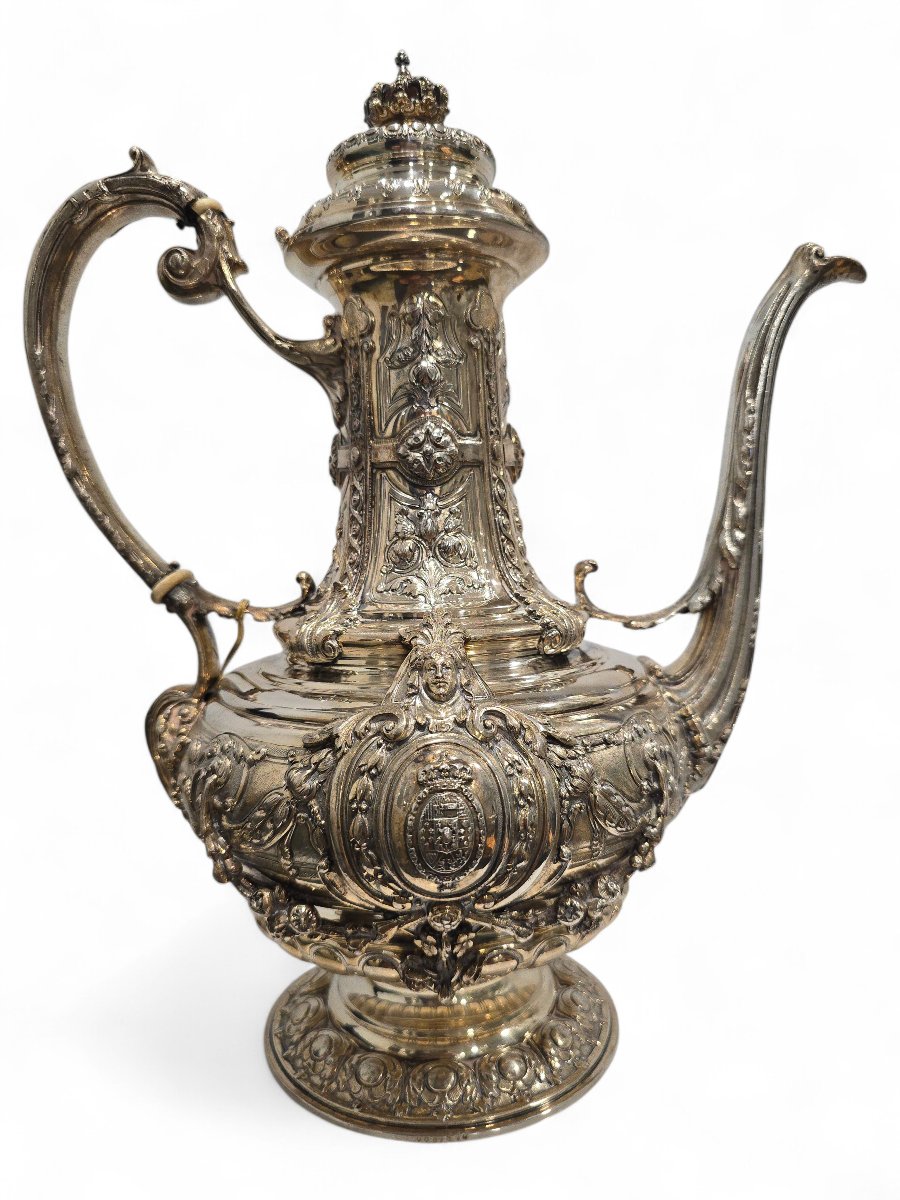 Royal Spanish Tea Service In Solid Silver By Yanes, Adorned With The Coat Of Arms-photo-2