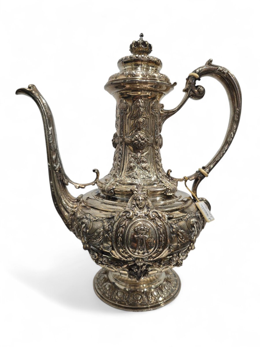 Royal Spanish Tea Service In Solid Silver By Yanes, Adorned With The Coat Of Arms-photo-5