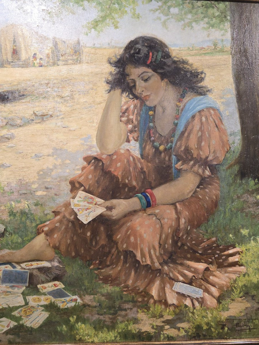 Huile sur toile espagnole du début du XXe siècle, signée Pradilla – La diseuse de bonne aventur-photo-2