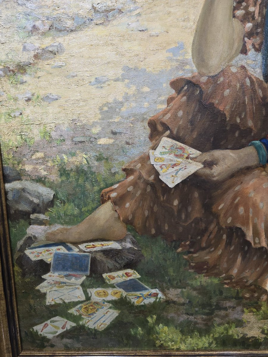 Huile sur toile espagnole du début du XXe siècle, signée Pradilla – La diseuse de bonne aventur-photo-3