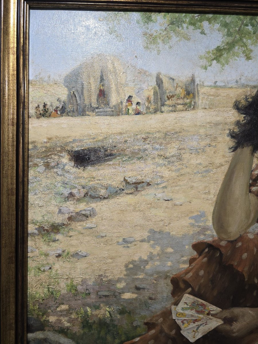 Huile sur toile espagnole du début du XXe siècle, signée Pradilla – La diseuse de bonne aventur-photo-4