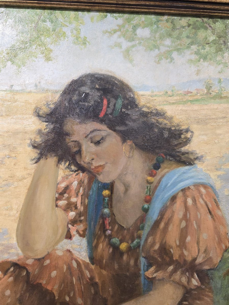 Huile sur toile espagnole du début du XXe siècle, signée Pradilla – La diseuse de bonne aventur-photo-2