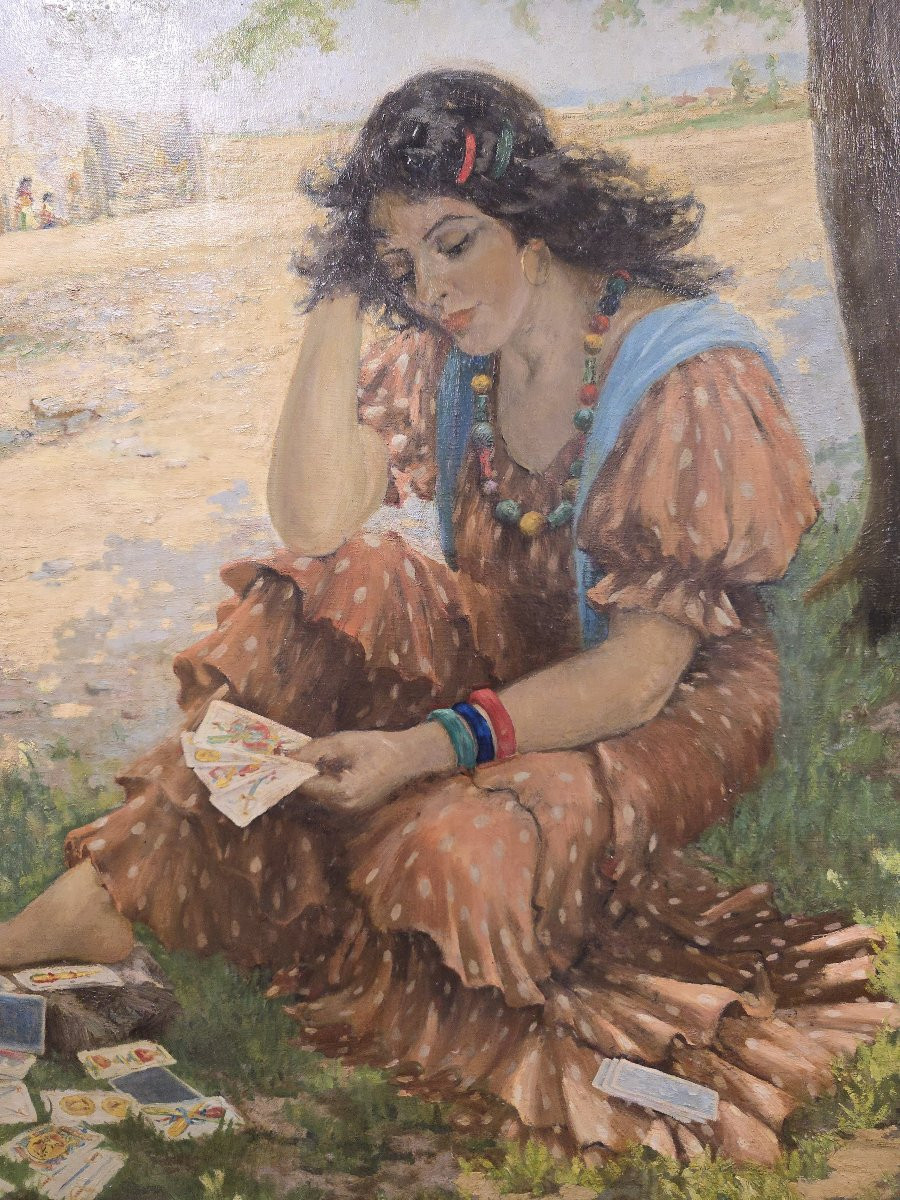 Huile sur toile espagnole du début du XXe siècle, signée Pradilla – La diseuse de bonne aventur-photo-3