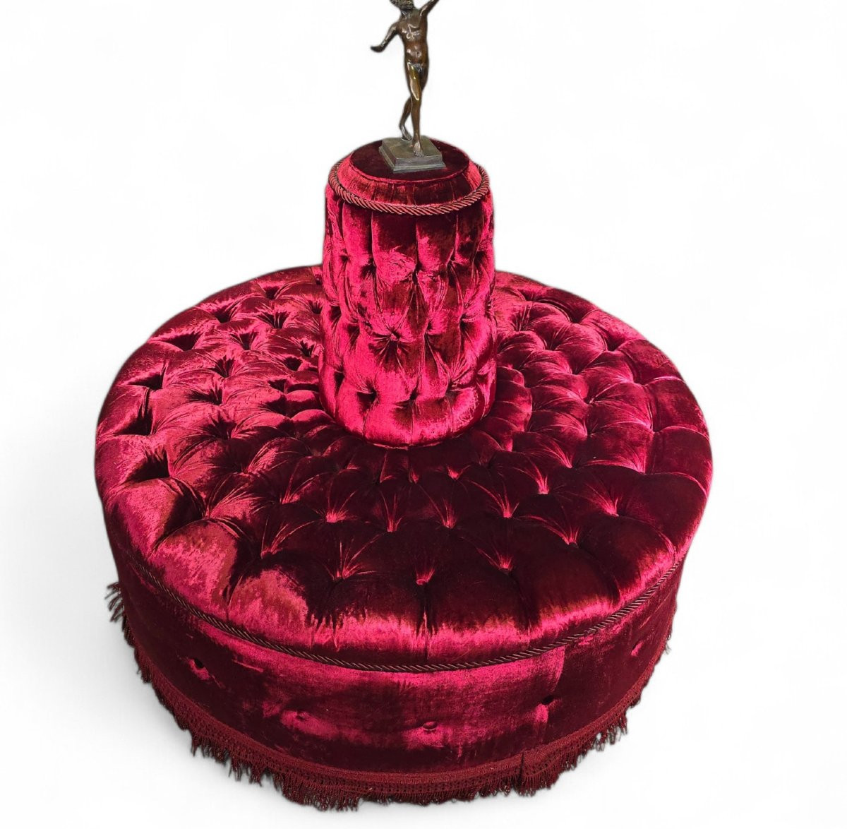 Monumental Italian Circular Pouf In Red Quilted Velvet With Bronze Faun Sculpture-photo-2