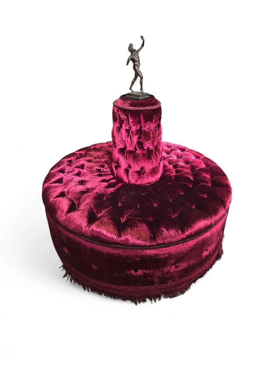 Monumental Italian Circular Pouf In Red Quilted Velvet With Bronze Faun Sculpture-photo-3