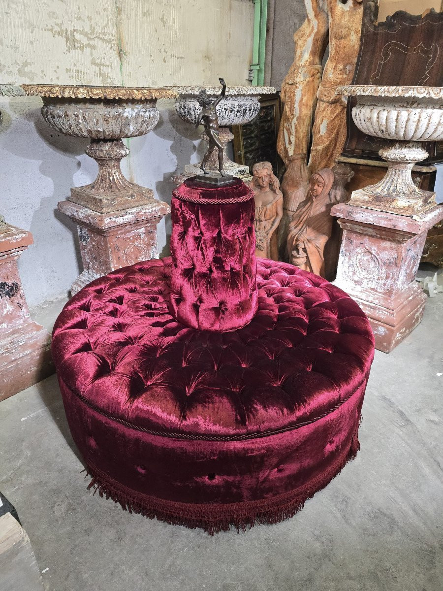 Monumental Italian Circular Pouf In Red Quilted Velvet With Bronze Faun Sculpture-photo-4