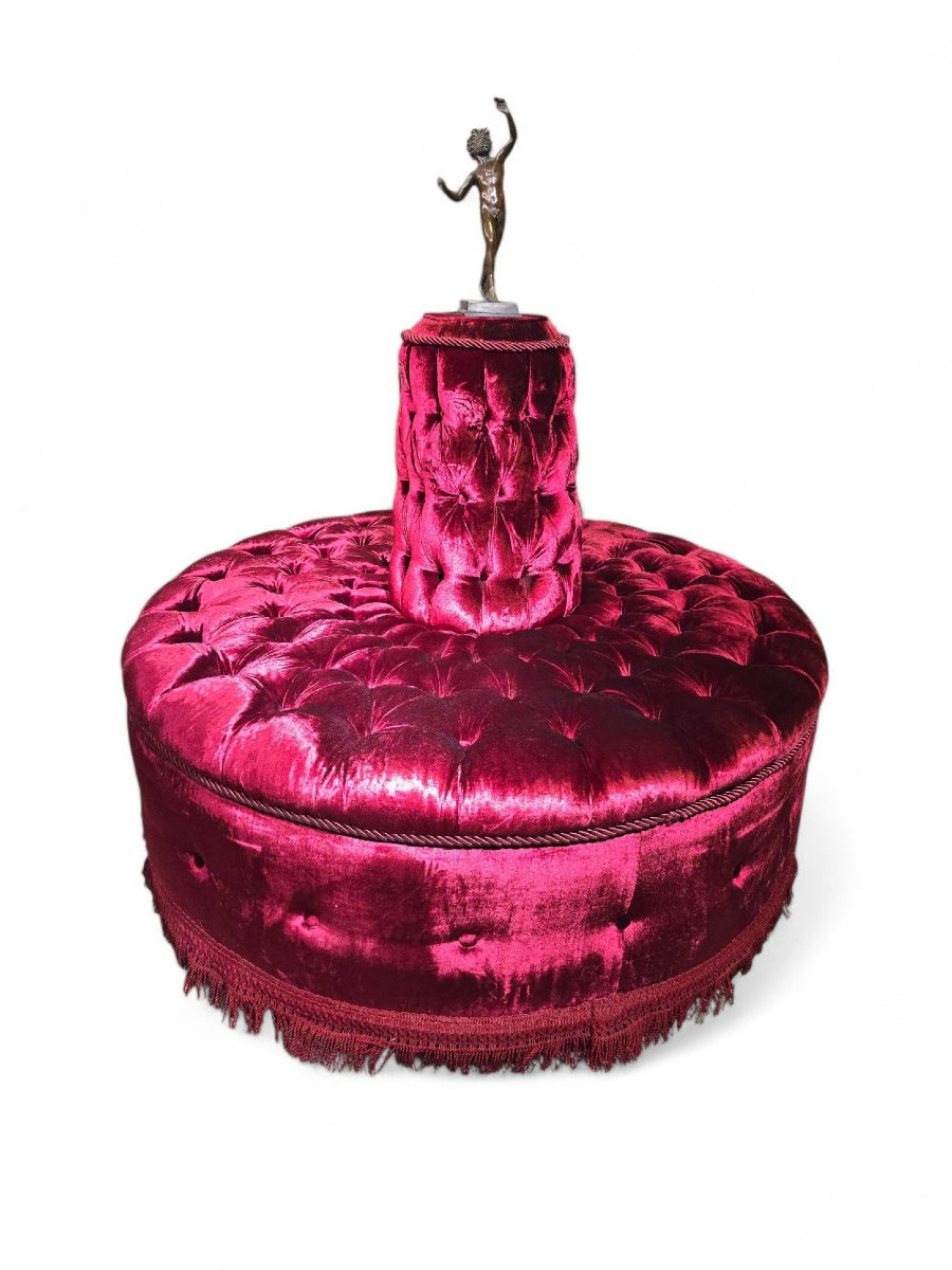 Monumental Italian Circular Pouf In Red Quilted Velvet With Bronze Faun Sculpture-photo-4