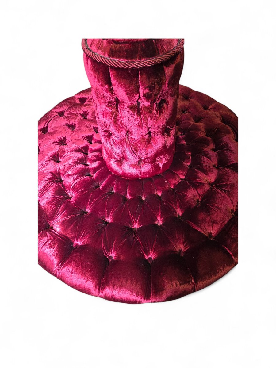 Monumental Italian Circular Pouf In Red Quilted Velvet With Bronze Faun Sculpture-photo-7