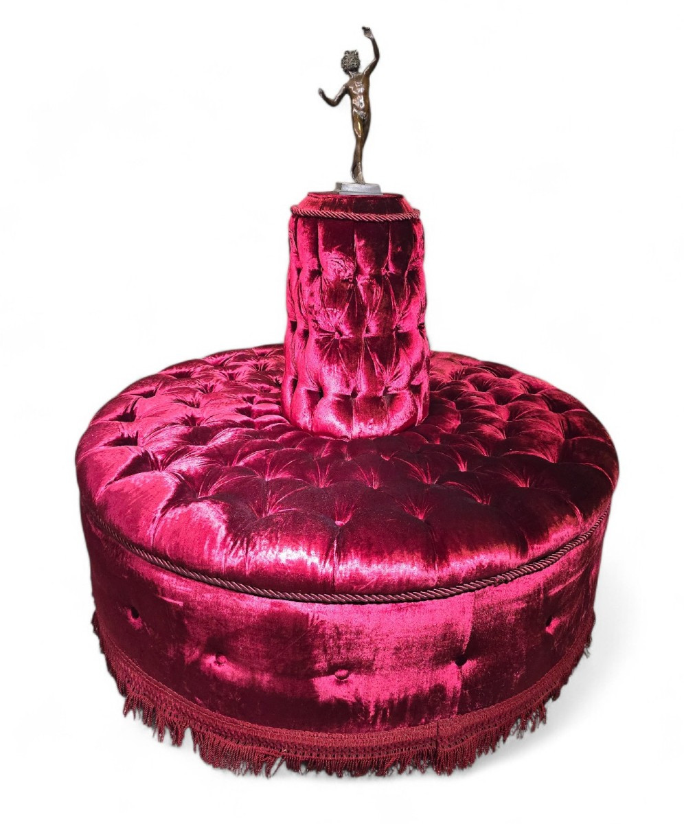 Monumental Italian Circular Pouf In Red Quilted Velvet With Bronze Faun Sculpture
