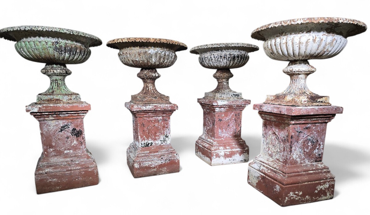 Set Of Four Large 19th-century French Cast Iron Garden Urns With Tin Bases
