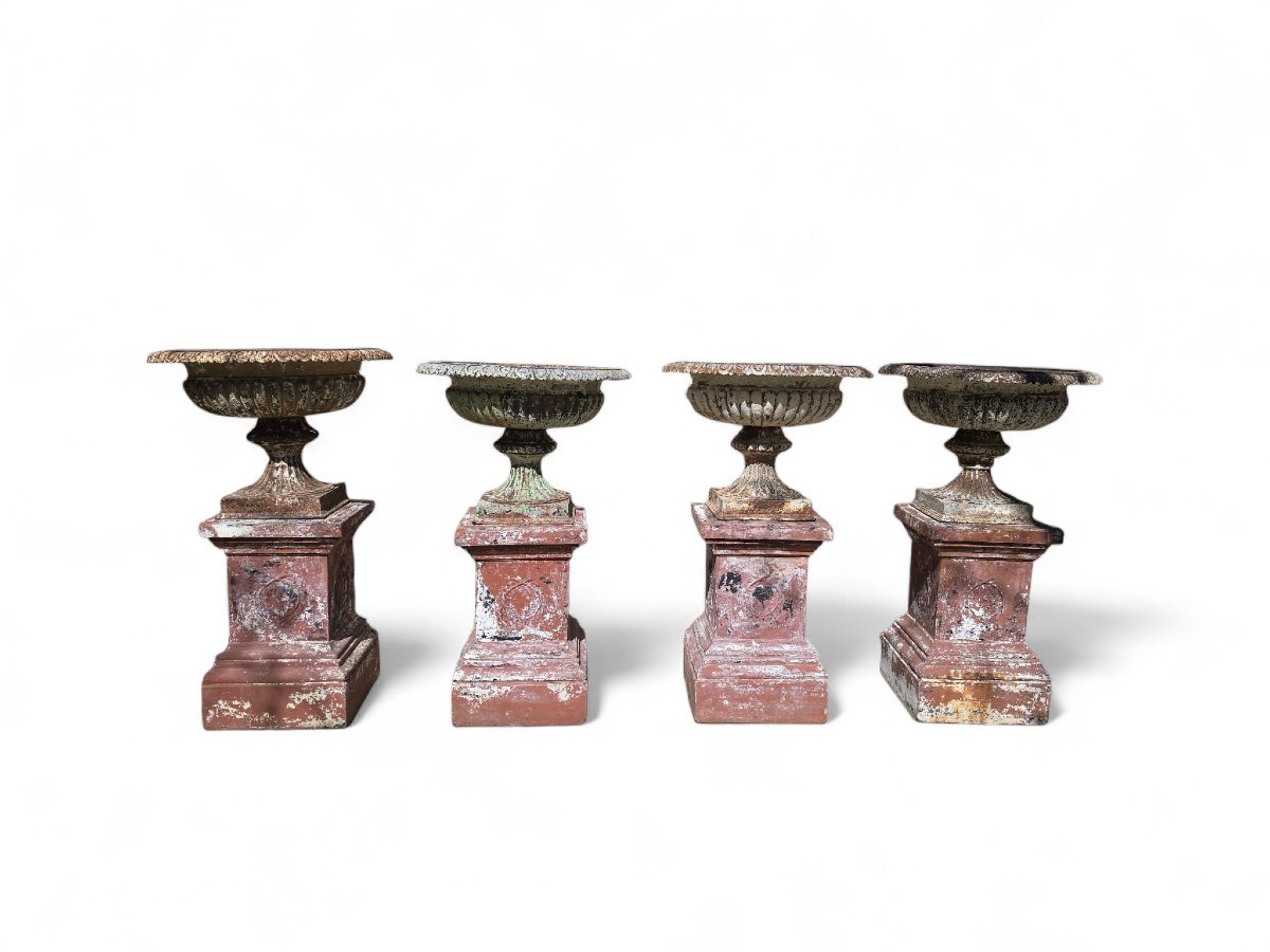 Set Of Four Large 19th-century French Cast Iron Garden Urns With Tin Bases